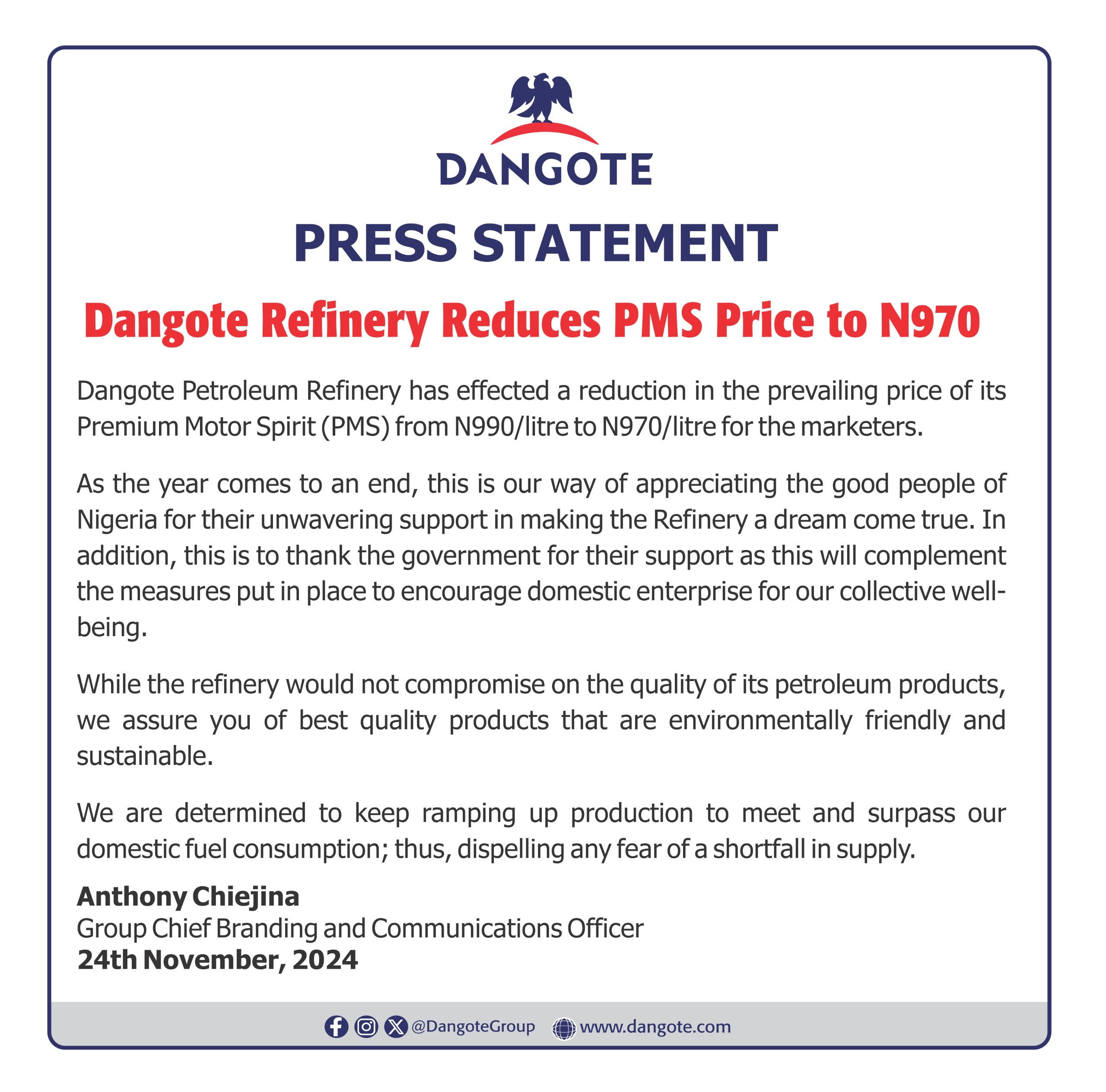 Dangote refinery reduces fuel price to N970/litre
